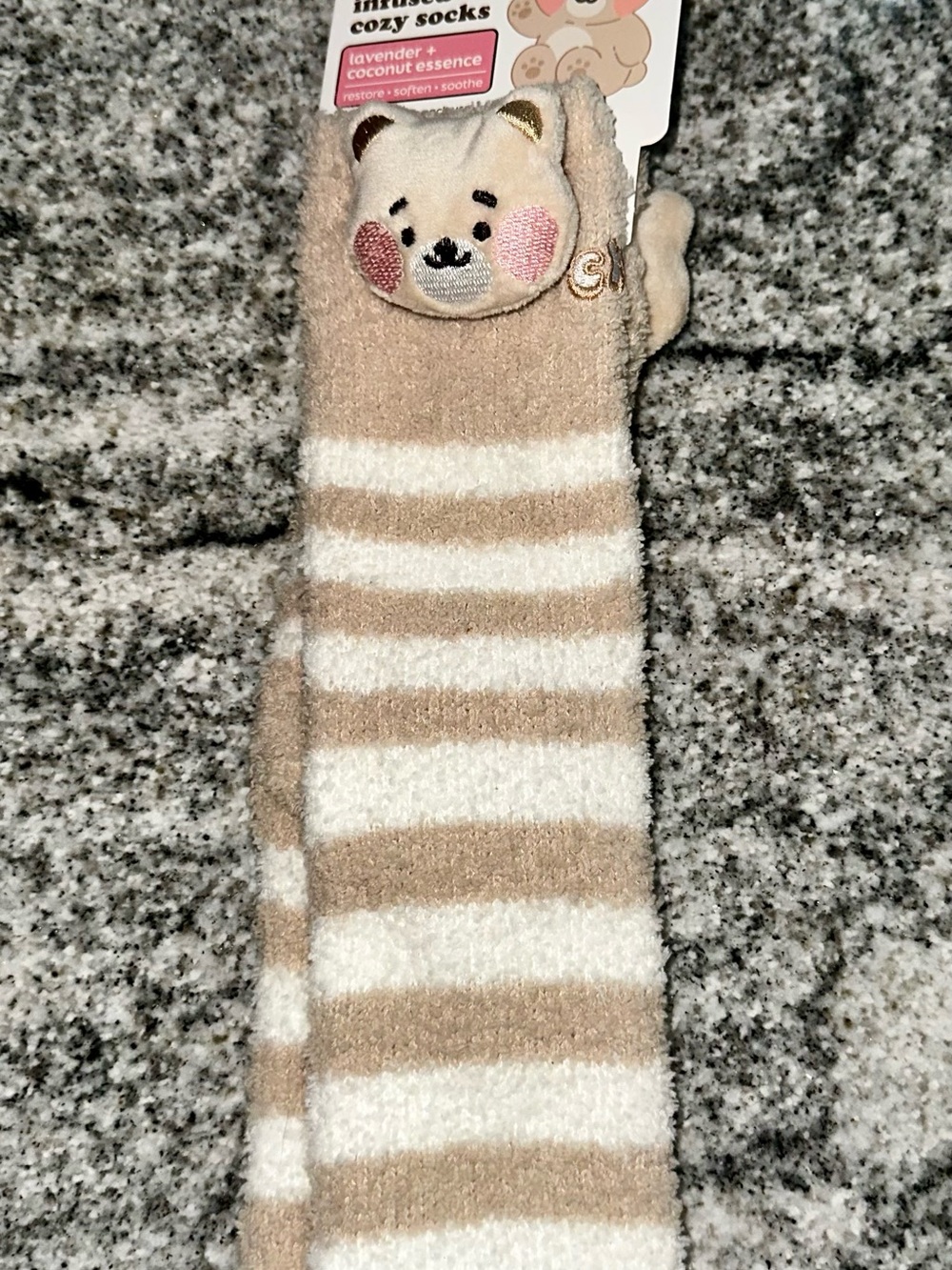 Creme shop Cozy Beige & White Striped Bear Cozy Socks for adults